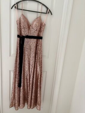 “Forever Unique” by ASOS Sequin Evening Dress Velvet Waist Tie Rose Gold